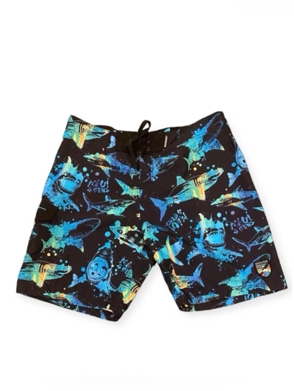 Maui & Sons Sz 36 Shark Boardshorts Mens Swim Surf Beach Black Colorful